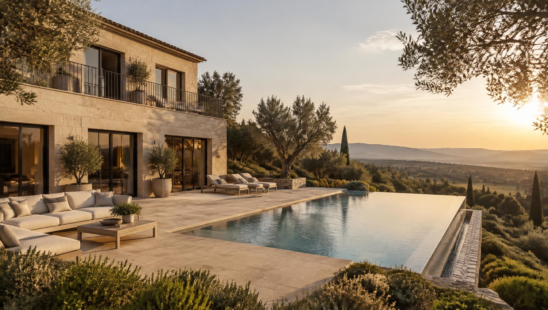 Villa contemporaine en pierre avec piscine à débordement dans le Vaucluse